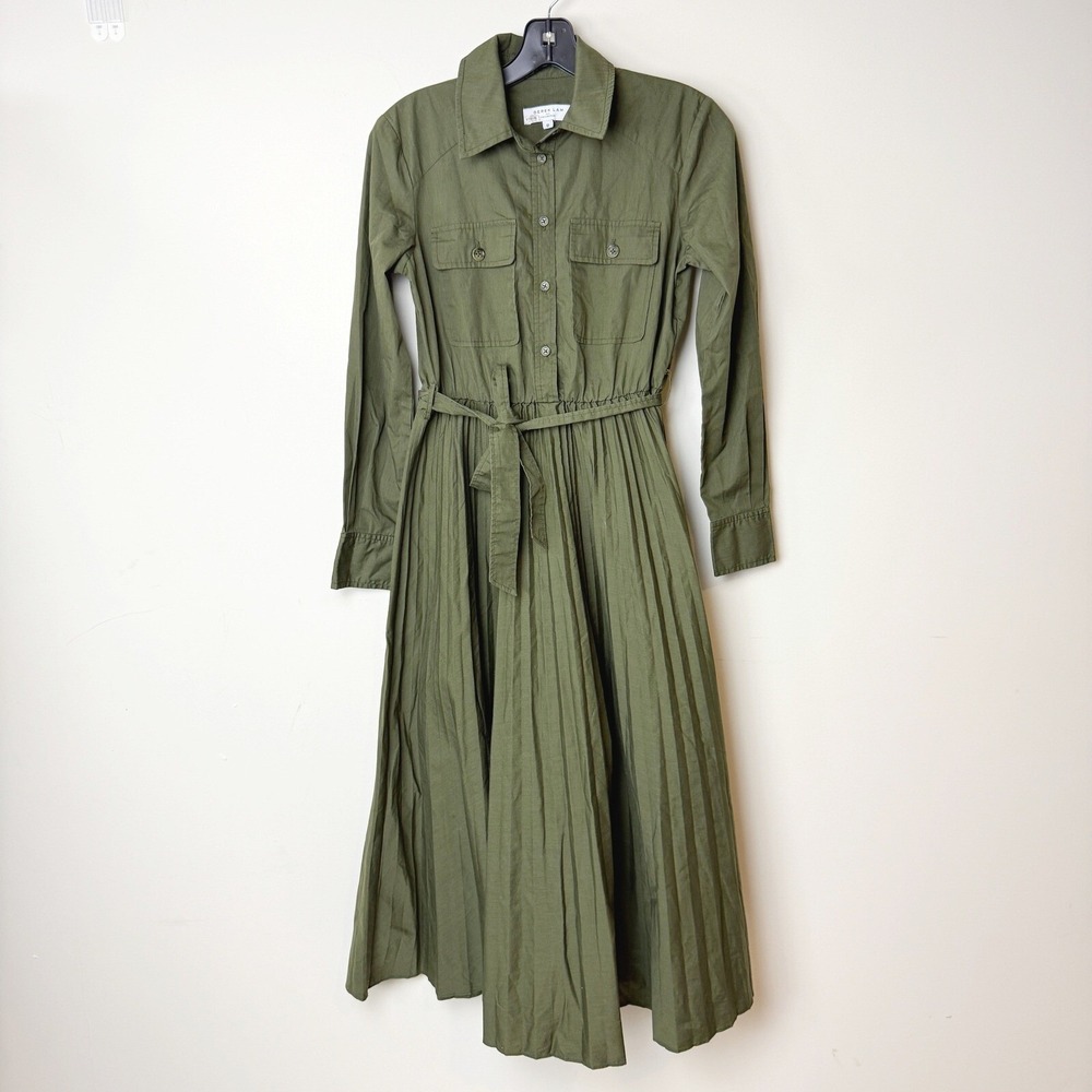 Derek Lam Collective Pleated Green Midi Shirt Dress Size 0 Women Olive Green RTR